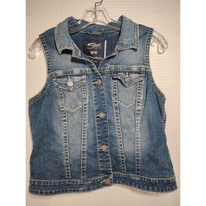 Silver Jeans Company Vest Blue Denim Distressed Womens Juniors Medium Cropped